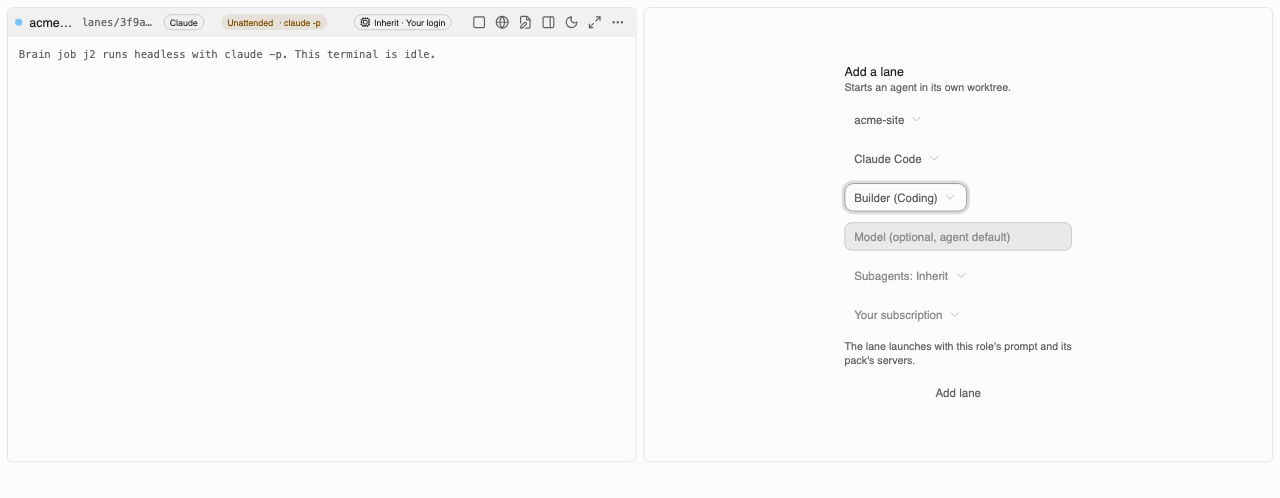 The add-lane form with a role picked from the coding pack