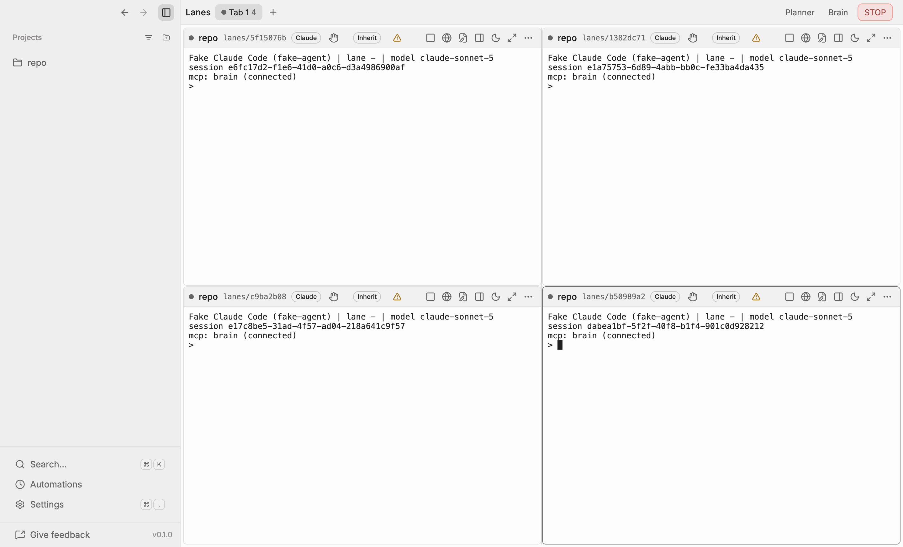 Four lanes in a 2×2 grid, each running an agent in its own worktree