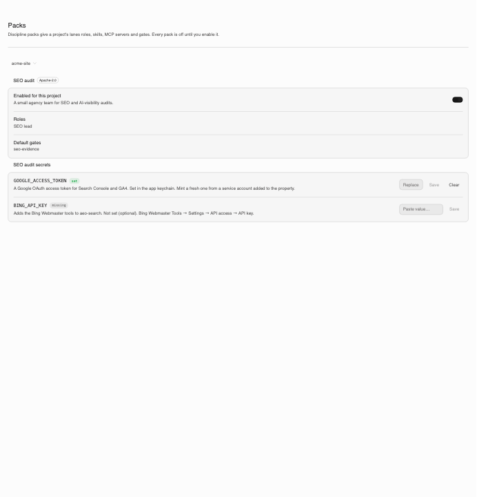 Settings → Packs with one secret set and one missing
