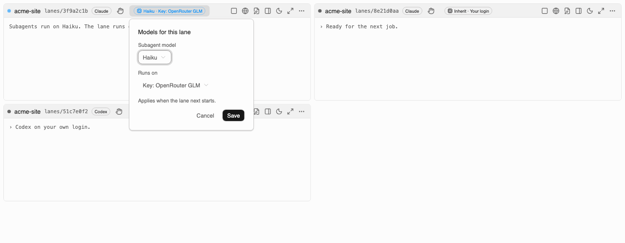 The lane header badge for subagent model and auth