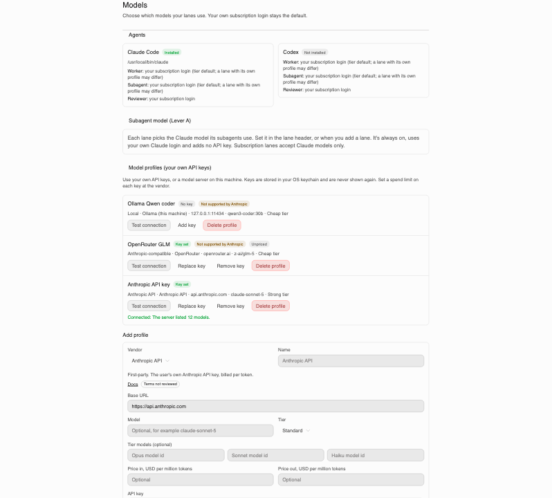 Settings → Models, with the subagent-model note and the profiles list